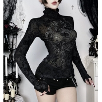 Dark-themed black flocked rhinestone top, 2026 new gothic style sexy black long-sleeved T-shirt for women.