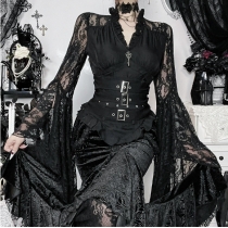 Dark-themed black V-neck lace-trimmed top, 2026 new gothic style slim-fitting top for women.