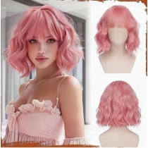 Short wavy golden chestnut brown wig, 12-inch bob with bangs, women's curly shoulder-length bob wig, everyday style.