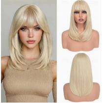 Golden bangs bob wig, shoulder-length, straight, natural-looking, synthetic, heat-resistant, European and American style, everyday headpiece for women.