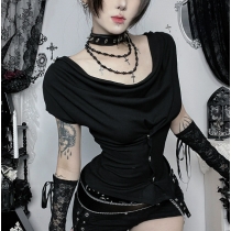 Dark-themed halter neck top, 2026 new slim fit gothic style Harajuku retro punk T-shirt for women.