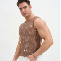 European and American spring/summer party rhinestone sequin menswear nightclub music festival trendy versatile sleeveless base layer
