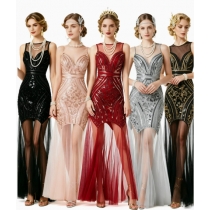 1920s Cross-border Sequined Evening Gown, Long Dress, Retro Plus Size Dress, Beaded Mesh Evening Gown