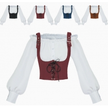 Renaissance Viking Vest, Suede Waistcoat, Ruffled Trim, Off-Shoulder Long Sleeve, Halloween