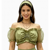 A mesh, puff-sleeved, off-the-shoulder cropped top that can be paired with a Dirndl skirt for a German Oktoberfest party outfit.