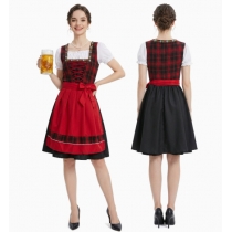 Munich Oktoberfest Maid Outfit, Retro Red and Black Checkered Lace-up Dress, Halloween Party Costume