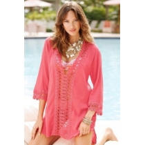 Sexy cover up beach dress hollow out pink lace tops for ladies