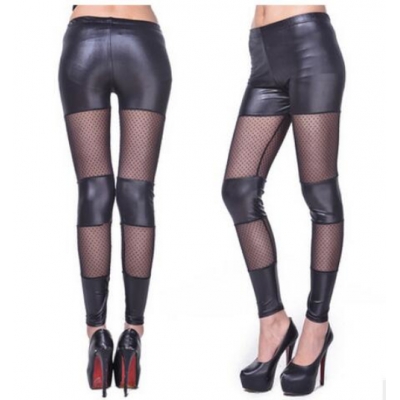 2016 Spring New Europe matte leather stitching mesh pantyhose