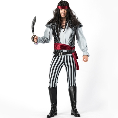 2018 new Halloween men's black and white striped cosplay pirate costume male pirate costume Jack Captain dress up costume