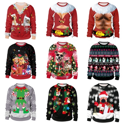 2019 autumn and winter Europe and the new Christmas explosions holiday party 3D digital printing round neck long-sleeved couple sweater