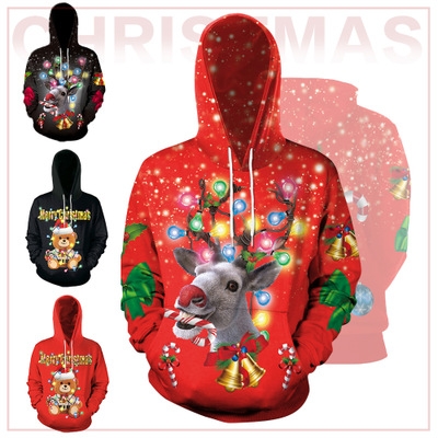 Christmas 2019 new 3D elk digital printing hooded pullover sweater casual large size couples baseball uniform