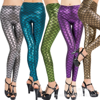 Europe and the United States selling imitation leather nine points pants ice silk high elasticity slimming was thin fish scale leggings mermaid pants