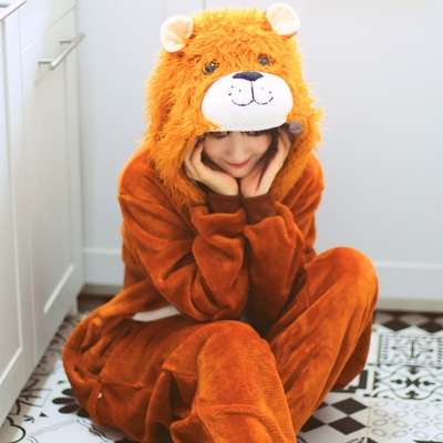 New flannel lion animal one-piece pajamas coral wholesale home service winter couple cute cartoon