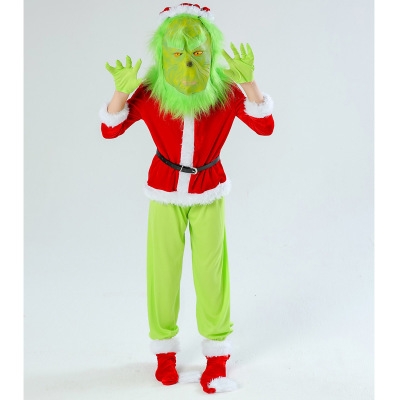 Christmas clothes, Halloween suit, green fur monster Grinch party costume, children's suit（With mask for Child）