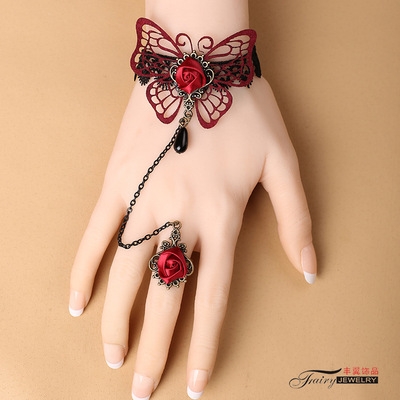 European and American retro exquisite hollow red butterfly lace bracelet with ring one chain female bracelet in stock