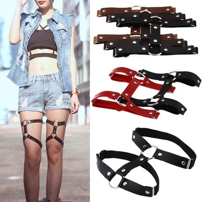 Harajuku goth punk street nightclub sexy hard girl loves leather round thigh ring foot ring double row garter belt