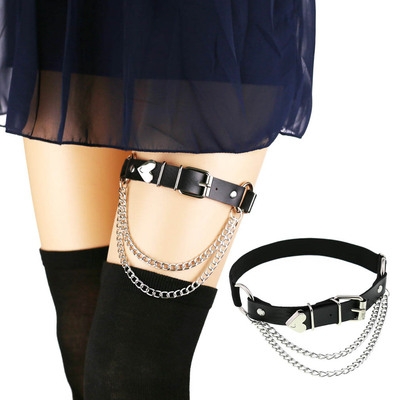 European and American punk gothic PU leather irregular garter belt, personality peach heart love chain elastic thigh loop