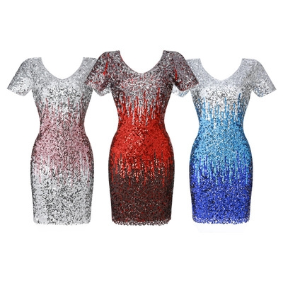 Ladies nightclub fashion party sequin bag hip skirt sexy slim V-neck short-sleeved sequin dress