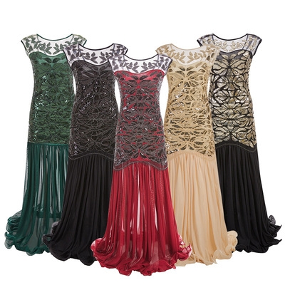 Explosive party deess annual party dinner long dress skirt 1920 retro sequins beaded and mesh lotus leaf