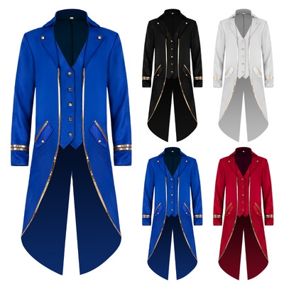 2022 European and American new Halloween tuxedo medieval retro clothing mid-length punk men's gold trim slim coat