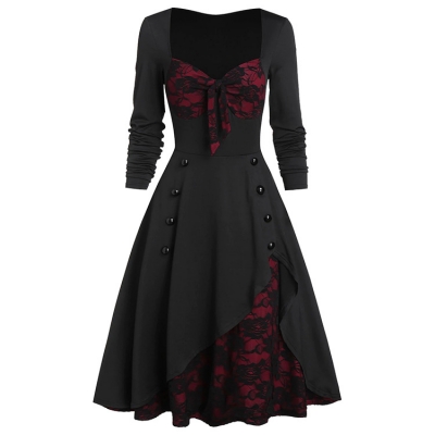 Explosive court retro lace stitching buttons long-sleeved ladies dress European and American women's mid-dress