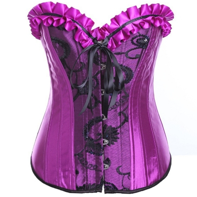 Purple shapewear Palace European and American satin ruffled edge sequined waist clip steel breasted girdle Corset
