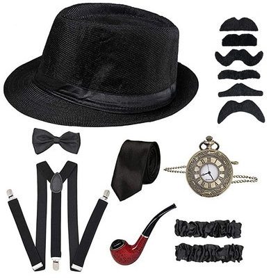 1920s men's prom party hat, pipe pocket watch, back tie suit