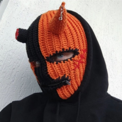 The new knitted hat Halloween party is strange windy horn hat mask all -in -one wool hat