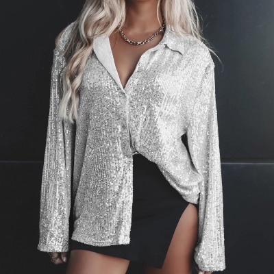 2023 autumn beaded shirt European and American sexy women's hot girl pure color button top long -sleeved sequined cardigan