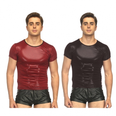 Nightclub stripping dance performance clothing imitation leather short -sleeved top mesh T -shirt shorts men's patent leather sexy underwear