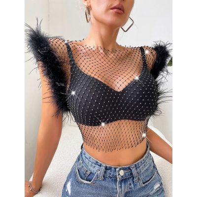 European and American new hot -selling slim drills exceeding the glittering ostrich hair sexy rhinestone fish network top