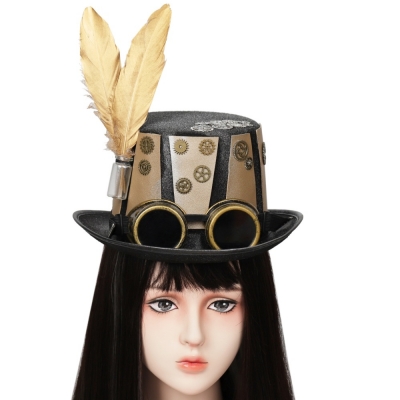 Explosive steam punk hat, golden leather gear brother care mirror retro worker headdress