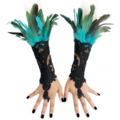 Black feathers slide gloves Witch Halloween Dance Fatty Gloves Hooks embroidered lace black gloves