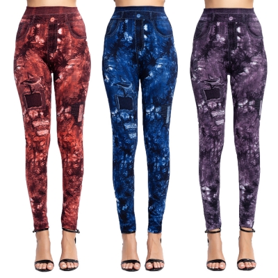 Explosive new hot selling slim-fit hip-lifting breathable super elastic nine-point pants leaf print imitation denim leggings