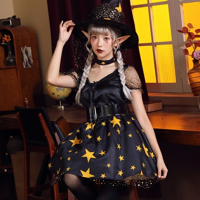 Halloween costume Party Party Game Stars Printed mesh gauze witch pompous skirt cosplay sorcerer suit