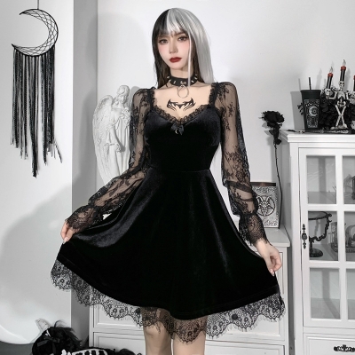 Dark fall new sexy lace stitching breast display flared long-sleeved dress peplum