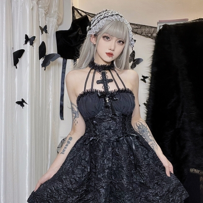 Halloween women's dress fall new personality cross hanging neck dark cinched waist shaggy skirt