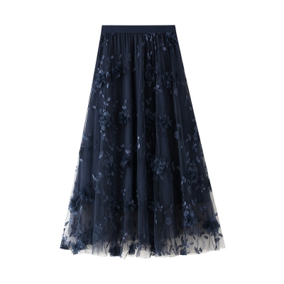 Net yarn embroidery heavy worker skirt large yarn skirt autumn new A -line literary high -waisted long skirt