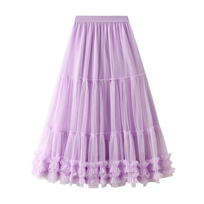 Heavy worker wooden ear stitching large puff fairy yarn skirt high waist sweet long long net yarn skirt