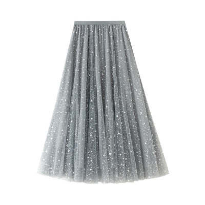 Starry Sky Skirt Female Autumn and Winter Skirt Fairy A -Shadow Middle Long Skirt Sencers Sequenant Star Net Skirt