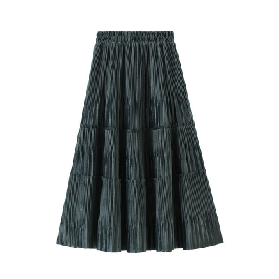 Autumn high -waisted lush velvet pleated skirt in the long skirt in the long skirt in the golden velvet skirt