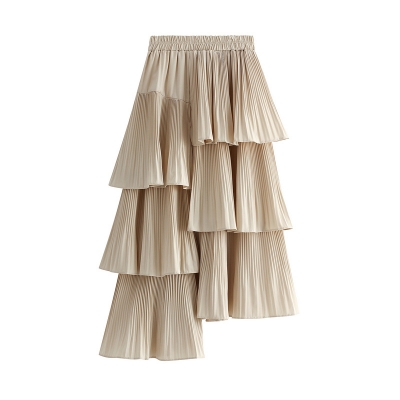 Asymmetric pleated cake skirt women's versatile mid -length lotus leaf edge irregular skirt