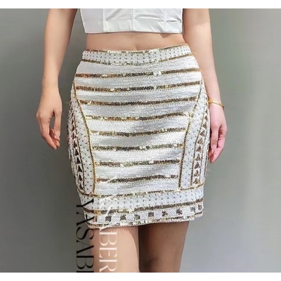 Fashion new everything match socialite temperament elegant heavy industry nail beads sequin party short skirt A-line skirt