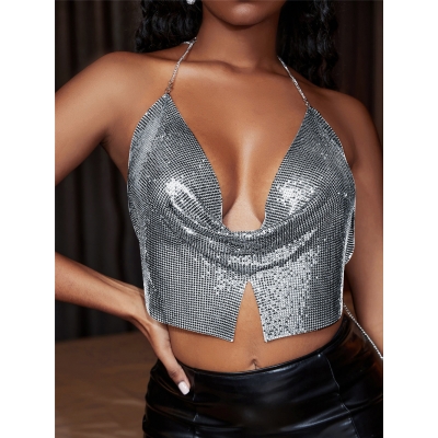 Summer short style sling slim-fit nightclub style backless European and American metal sequin small vest