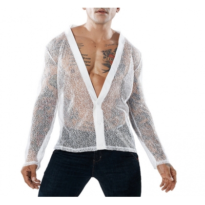 Summer men's casual all-solid color transparent mesh cardigan long sleeve POLO men