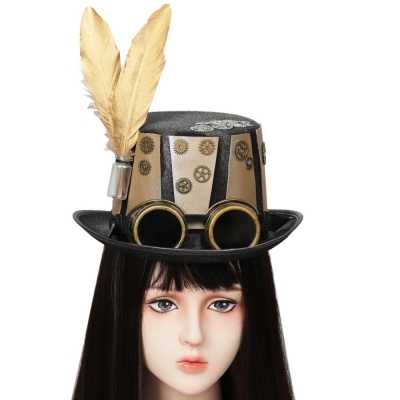 Explosive steampunk top hat gold leather gear Goth goggles retro Heavy industry headdress