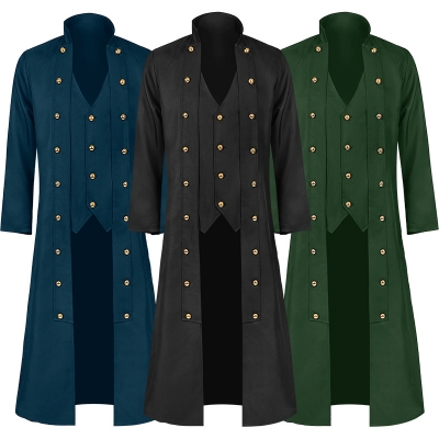 Vintage medieval solid color long sleeve stand collar three-breasted men's coat cross strap waist length