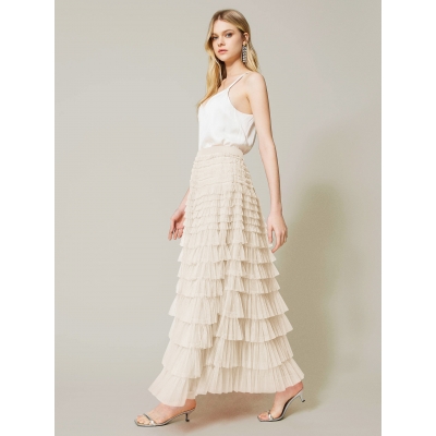 New long skirt female autumn European and American temperament, elegant solid color high -waisted mesh cake skirt