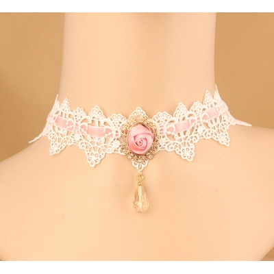 Pink lace crystal necklace Rose short simple clavicle chain