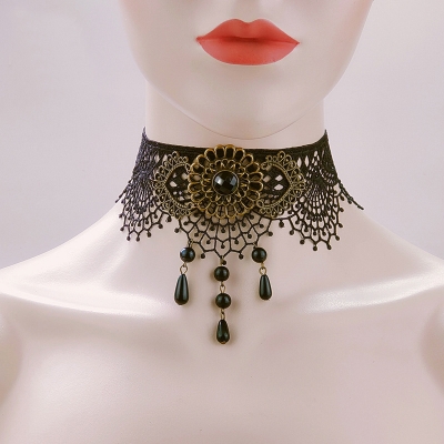 New product black lace retro alloy pearl necklace female court Gothic Pench Halloween jewelry